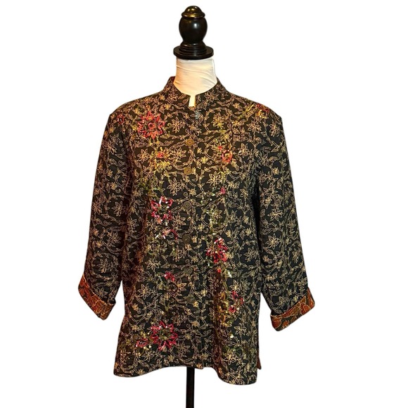 CHICO'S Quilted Jacket Black Floral Gold Red Sequin Embellished Size 1 S/M Asian - Picture 1 of 9